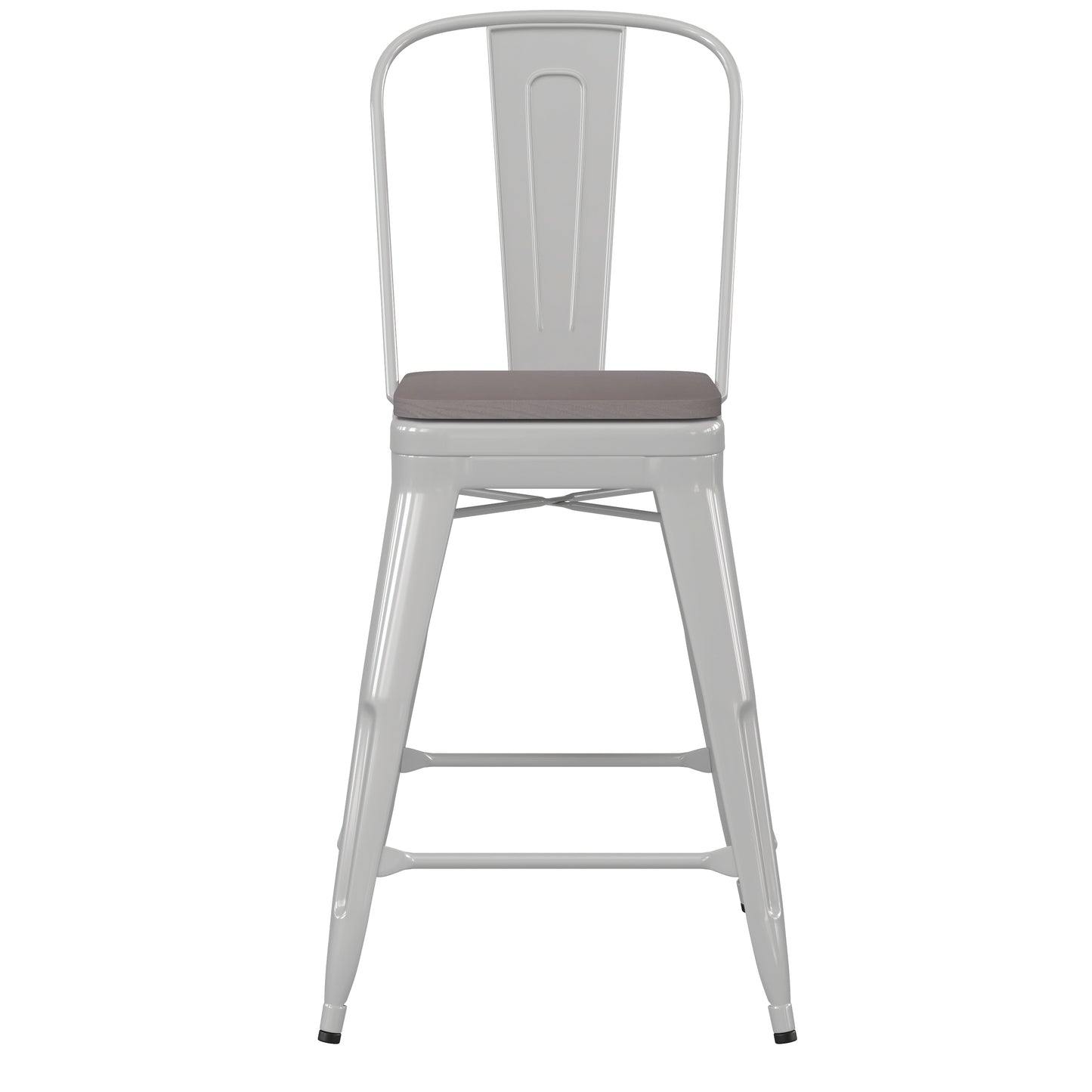 Kai Commercial Grade 24" High White Metal Indoor-Outdoor Counter Height Stool with Removable Back and Gray All-Weather Poly Resin Seat