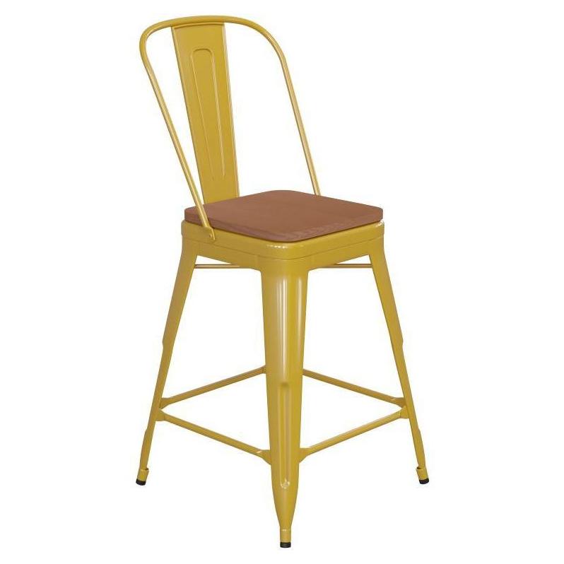 24" High Tolix Counter Height Stool with Back and Faux Teak Seat