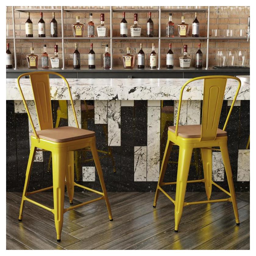 24" High Tolix Counter Height Stool with Back and Faux Teak Seat