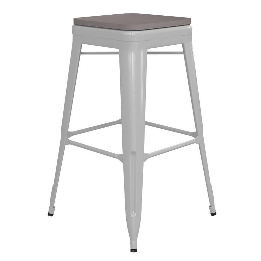 30" High Backless Tolix Outdoor Bar Stool with Square Faux Teak Seat
