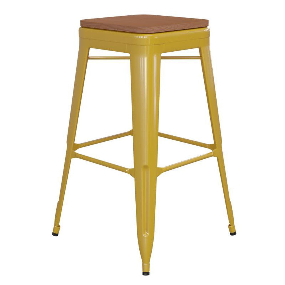 30" High Backless Tolix Outdoor Bar Stool with Square Faux Teak Seat