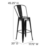 Kai Commercial Grade 30" High Black Metal Indoor-Outdoor Bar Height Stool with Removable Back and Black All-Weather Poly Resin Seat