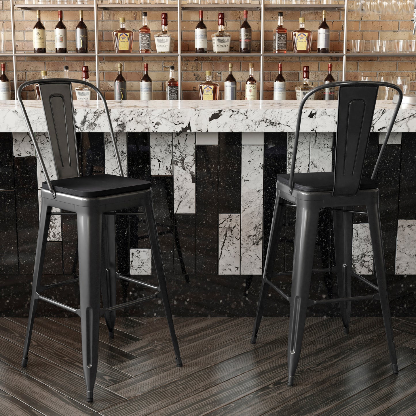 Kai Commercial Grade 30" High Black Metal Indoor-Outdoor Bar Height Stool with Removable Back and Black All-Weather Poly Resin Seat