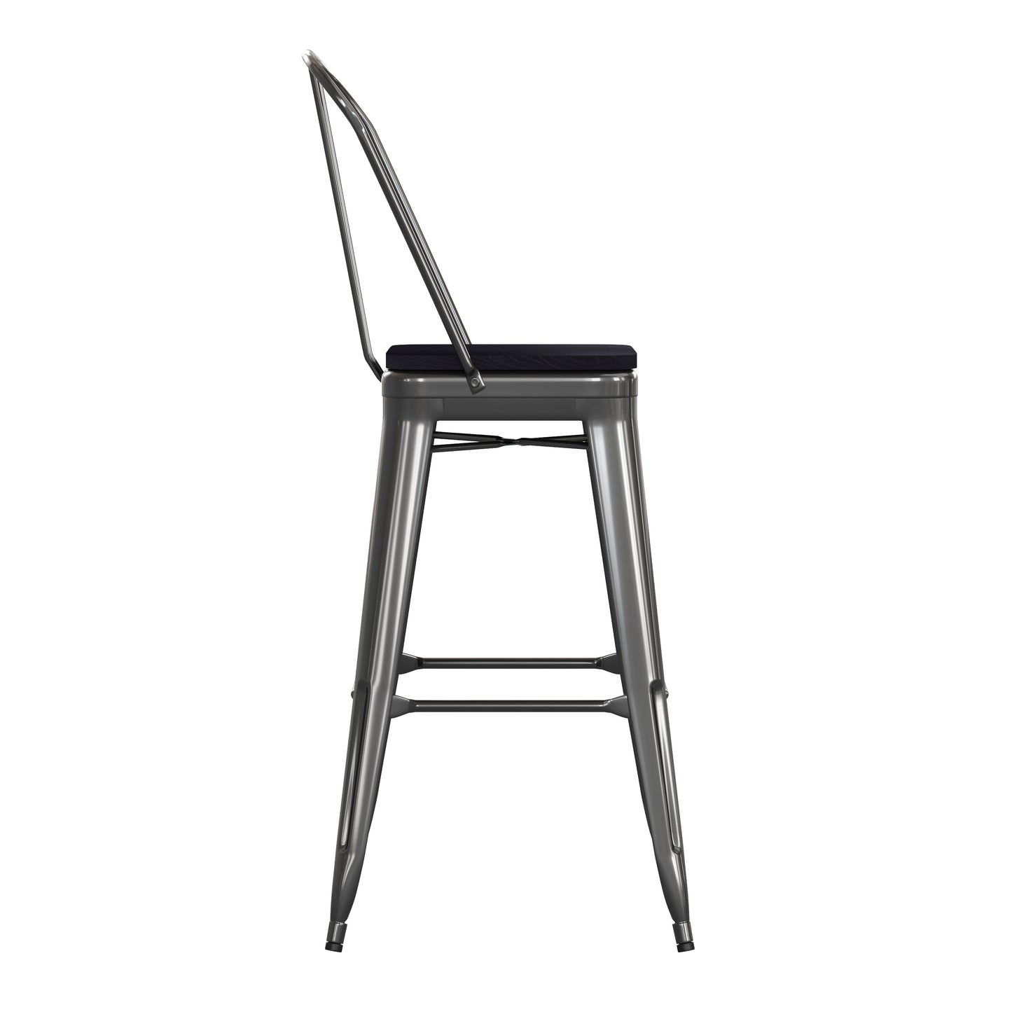 Kai Commercial Grade 30" High Black Metal Indoor-Outdoor Bar Height Stool with Removable Back and Black All-Weather Poly Resin Seat