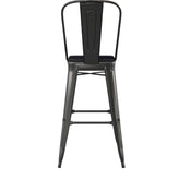 Kai Commercial Grade 30" High Black Metal Indoor-Outdoor Bar Height Stool with Removable Back and Black All-Weather Poly Resin Seat