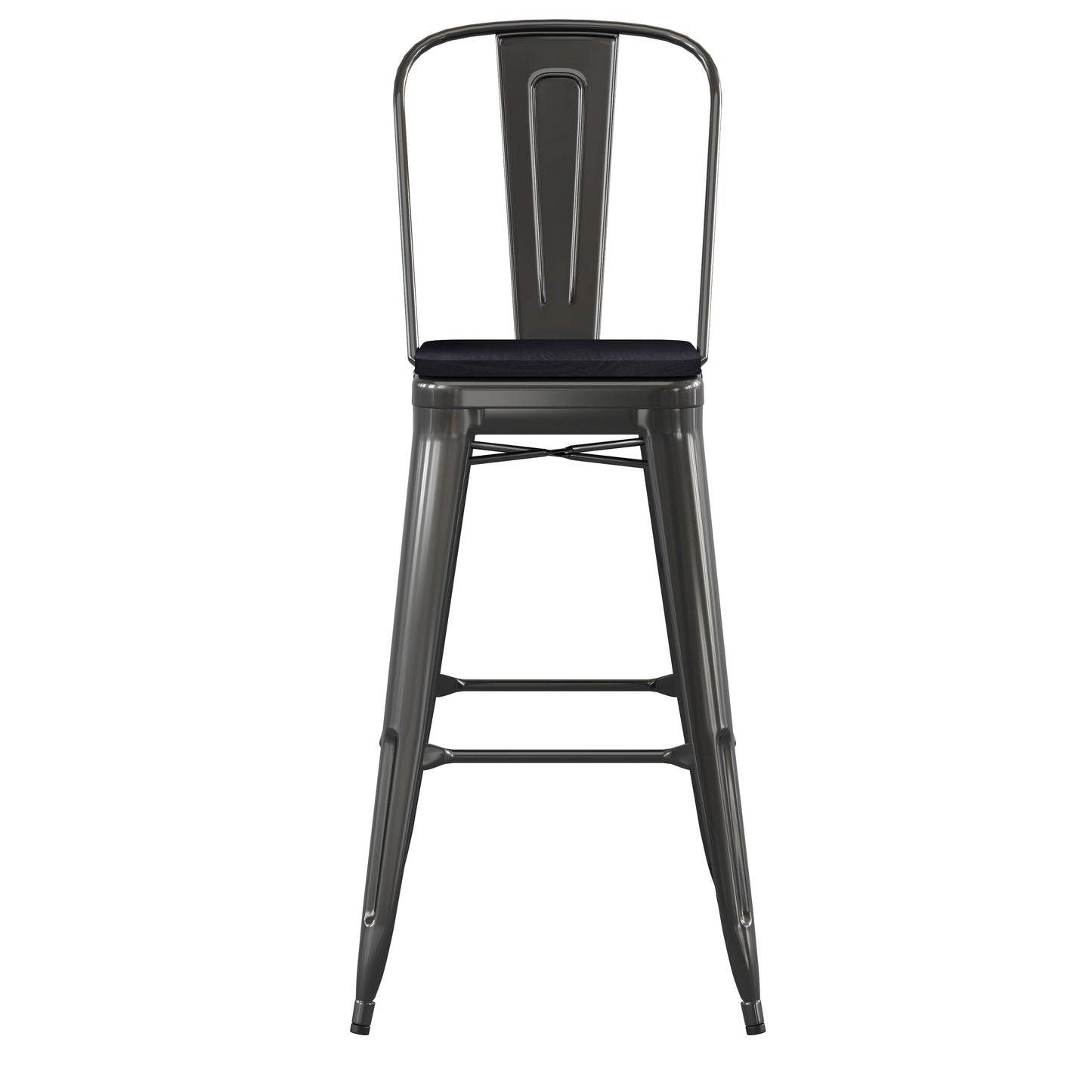 Kai Commercial Grade 30" High Black Metal Indoor-Outdoor Bar Height Stool with Removable Back and Black All-Weather Poly Resin Seat