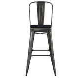 Kai Commercial Grade 30" High Black Metal Indoor-Outdoor Bar Height Stool with Removable Back and Black All-Weather Poly Resin Seat