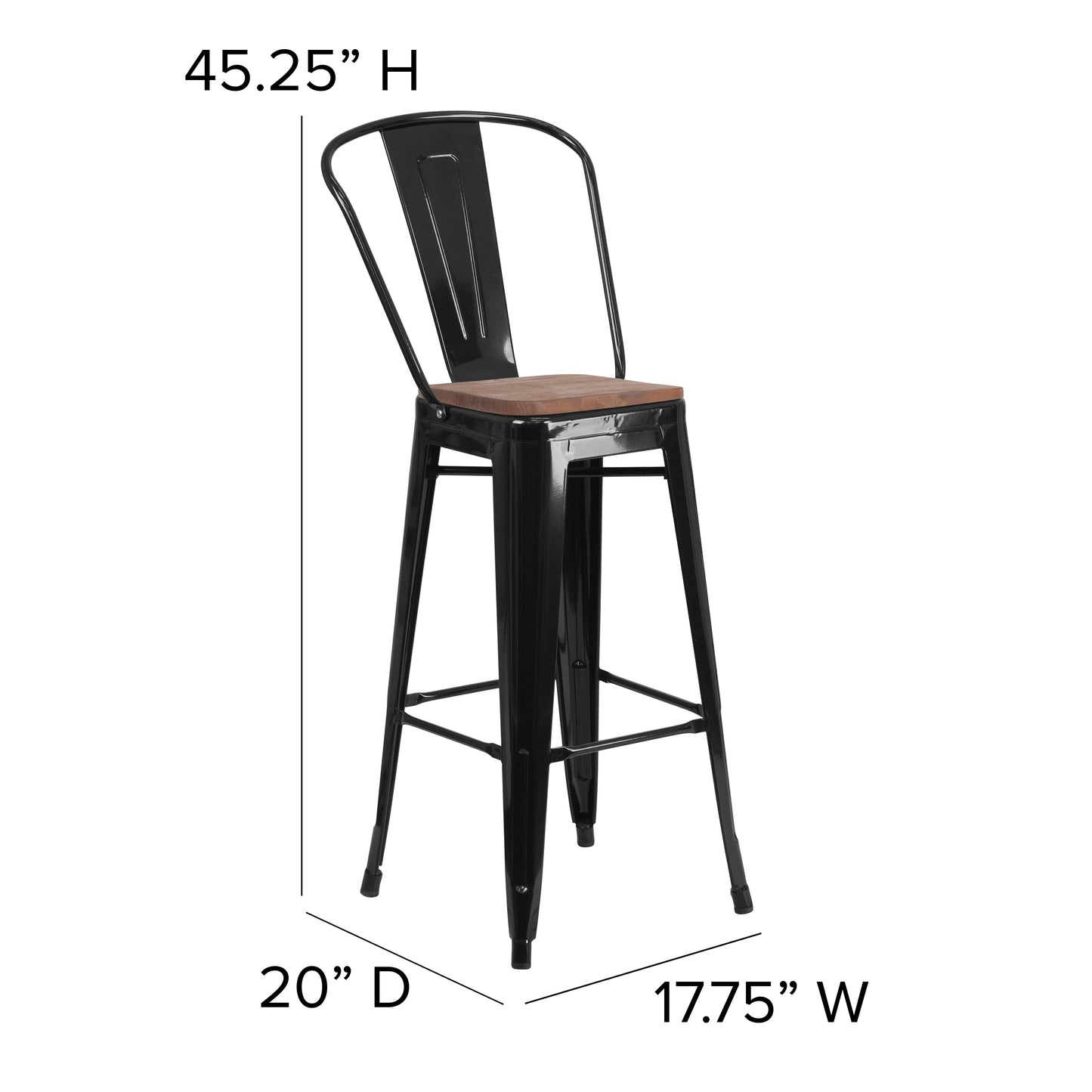 Bailey 31.5" Square Black Metal Bar Table Set with Wood Top and 4 Stools