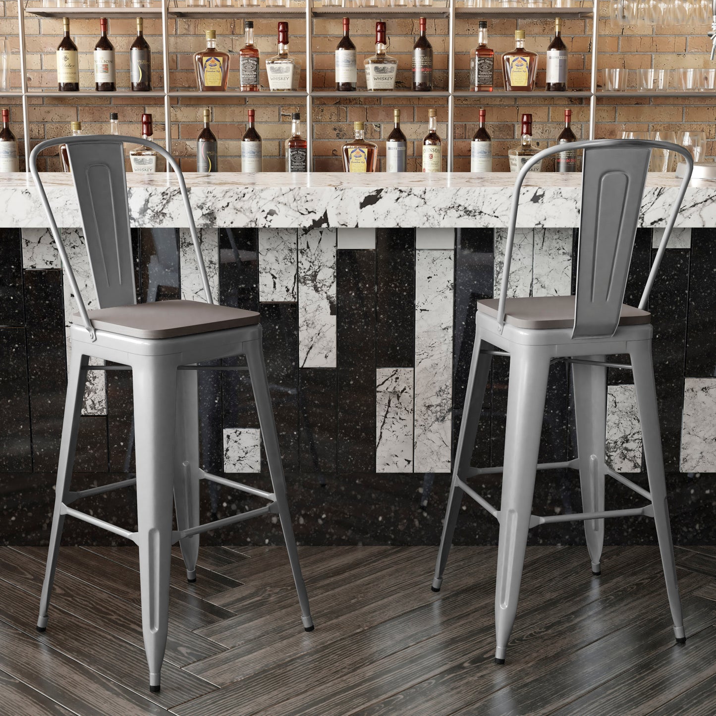 Kai Commercial Grade 30" High Silver Metal Indoor-Outdoor Bar Height Stool with Removable Back and Gray All-Weather Poly Resin Seat
