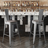 Kai Commercial Grade 30" High Silver Metal Indoor-Outdoor Bar Height Stool with Removable Back and Gray All-Weather Poly Resin Seat