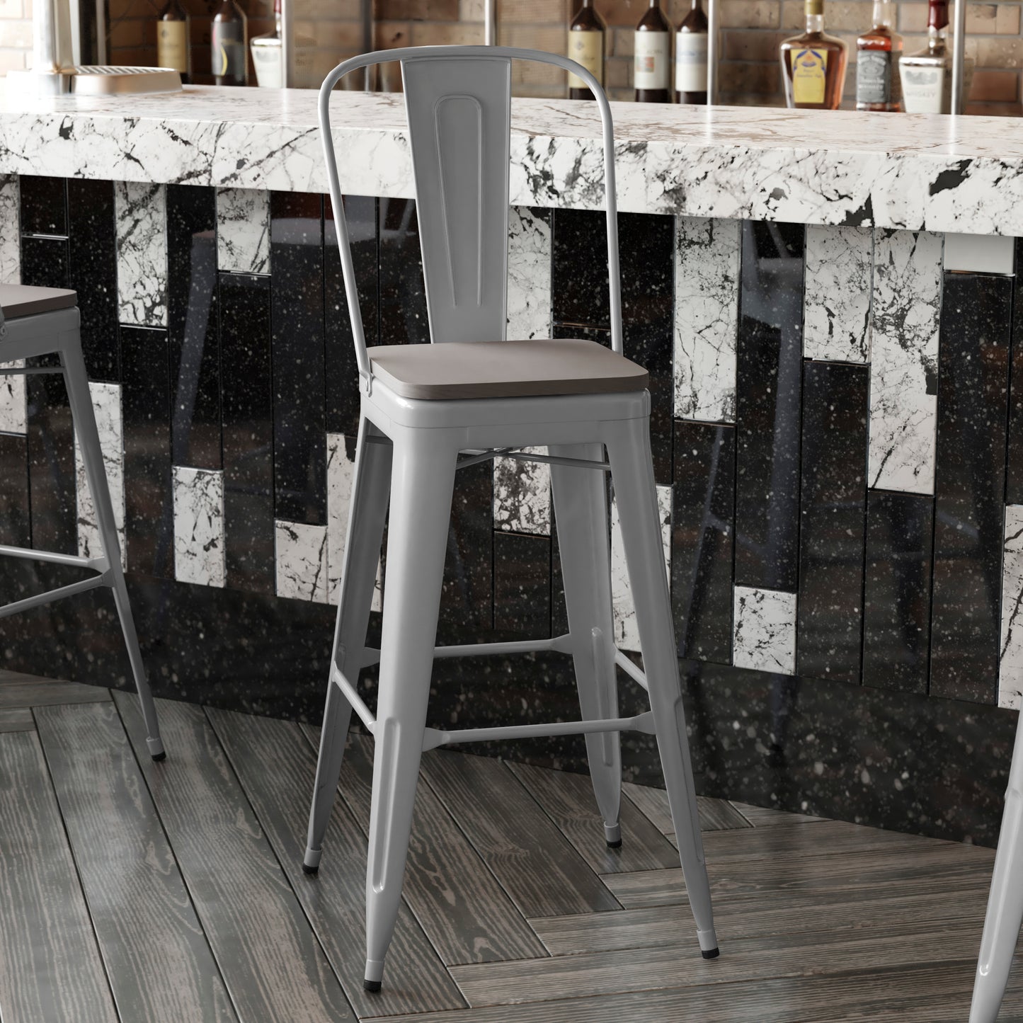 Kai Commercial Grade 30" High Silver Metal Indoor-Outdoor Bar Height Stool with Removable Back and Gray All-Weather Poly Resin Seat