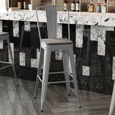 Kai Commercial Grade 30" High Silver Metal Indoor-Outdoor Bar Height Stool with Removable Back and Gray All-Weather Poly Resin Seat