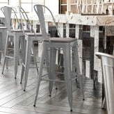 Kai Commercial Grade 30" High Silver Metal Indoor-Outdoor Bar Height Stool with Removable Back and Gray All-Weather Poly Resin Seat