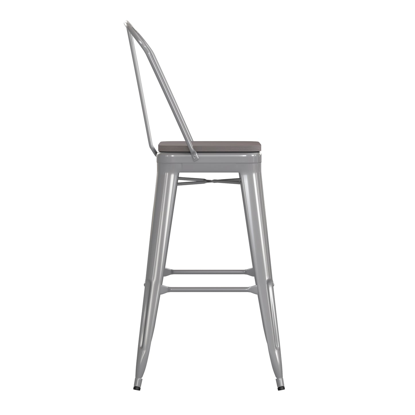 Kai Commercial Grade 30" High Silver Metal Indoor-Outdoor Bar Height Stool with Removable Back and Gray All-Weather Poly Resin Seat