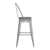 Kai Commercial Grade 30" High Silver Metal Indoor-Outdoor Bar Height Stool with Removable Back and Gray All-Weather Poly Resin Seat