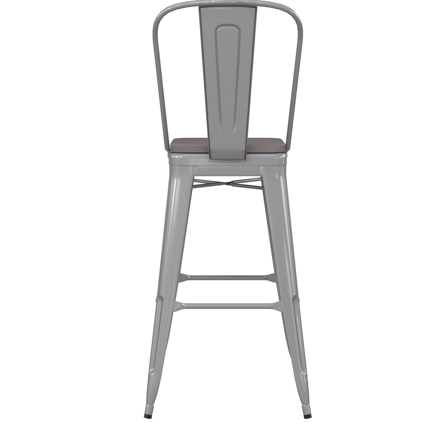 Kai Commercial Grade 30" High Silver Metal Indoor-Outdoor Bar Height Stool with Removable Back and Gray All-Weather Poly Resin Seat