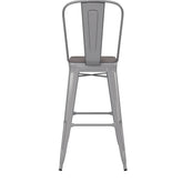 Kai Commercial Grade 30" High Silver Metal Indoor-Outdoor Bar Height Stool with Removable Back and Gray All-Weather Poly Resin Seat