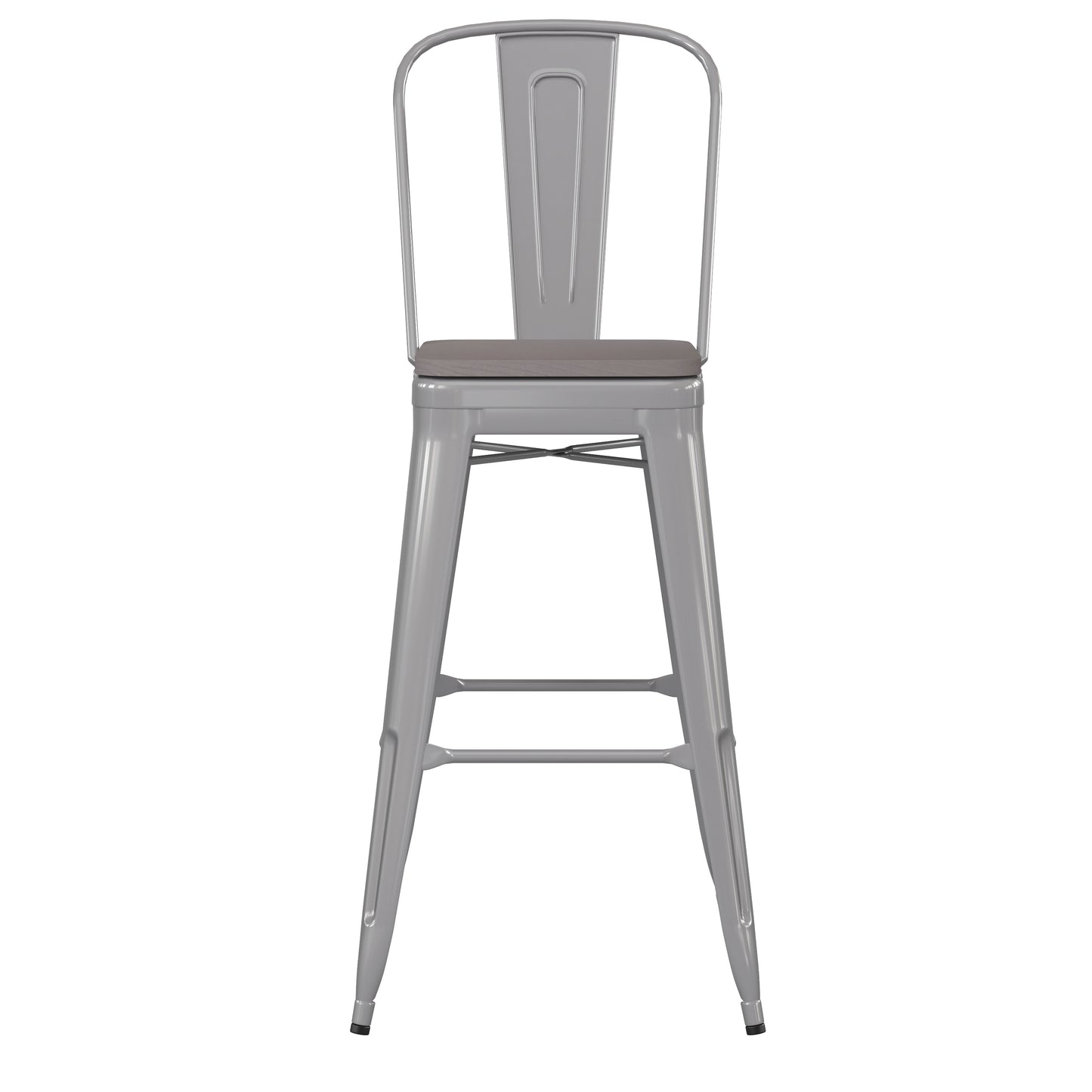 Kai Commercial Grade 30" High Silver Metal Indoor-Outdoor Bar Height Stool with Removable Back and Gray All-Weather Poly Resin Seat