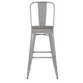 Kai Commercial Grade 30" High Silver Metal Indoor-Outdoor Bar Height Stool with Removable Back and Gray All-Weather Poly Resin Seat