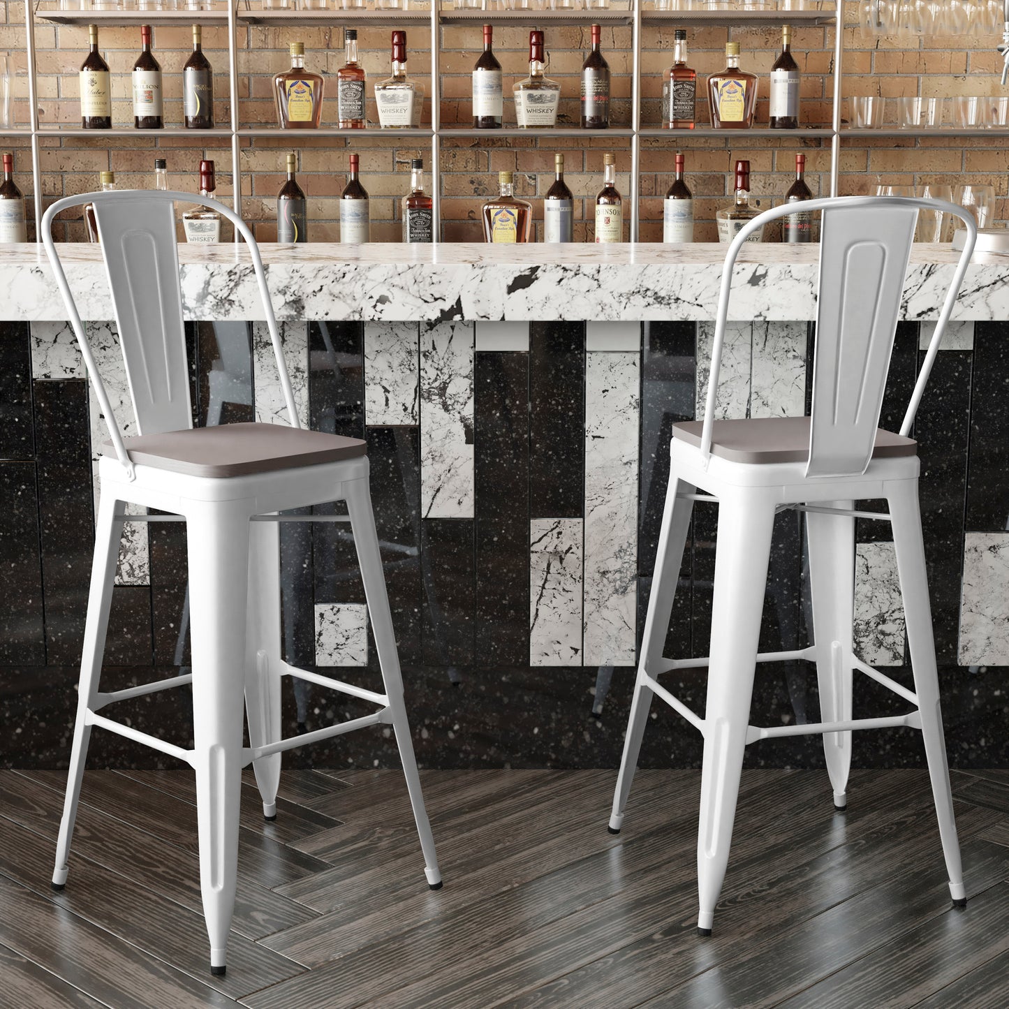Kai Commercial Grade 30" High White Metal Indoor-Outdoor Bar Height Stool with Removable Back and Gray All-Weather Poly Resin Seat