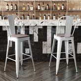 Kai Commercial Grade 30" High White Metal Indoor-Outdoor Bar Height Stool with Removable Back and Gray All-Weather Poly Resin Seat