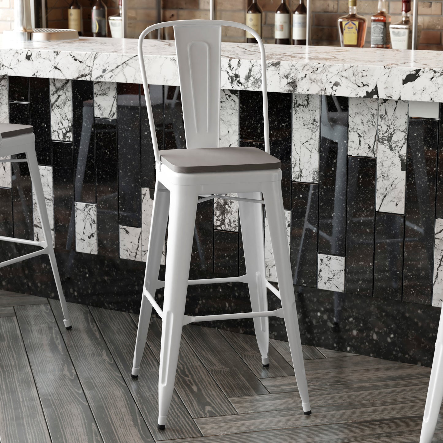 Kai Commercial Grade 30" High White Metal Indoor-Outdoor Bar Height Stool with Removable Back and Gray All-Weather Poly Resin Seat