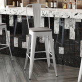 Kai Commercial Grade 30" High White Metal Indoor-Outdoor Bar Height Stool with Removable Back and Gray All-Weather Poly Resin Seat