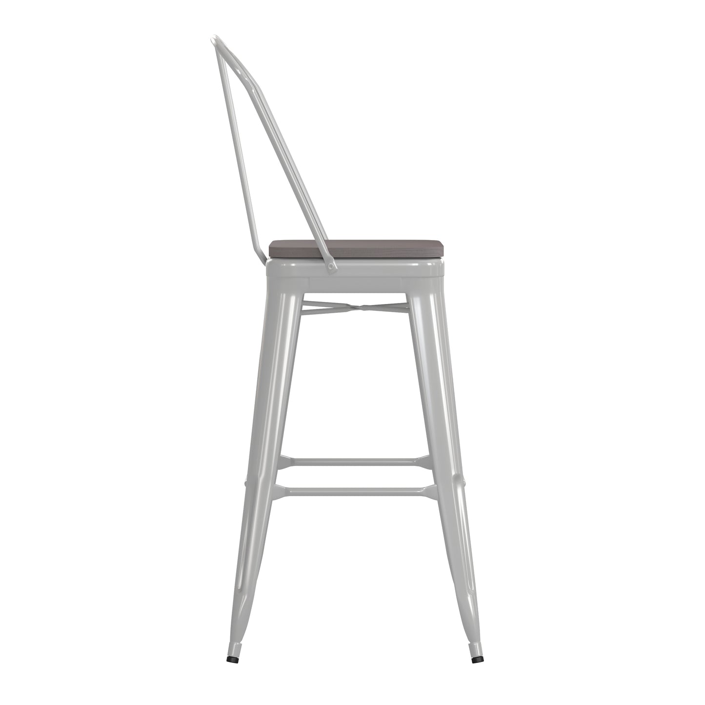 Kai Commercial Grade 30" High White Metal Indoor-Outdoor Bar Height Stool with Removable Back and Gray All-Weather Poly Resin Seat