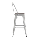 Kai Commercial Grade 30" High White Metal Indoor-Outdoor Bar Height Stool with Removable Back and Gray All-Weather Poly Resin Seat