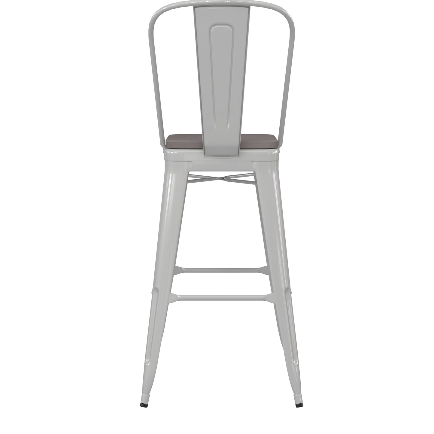 Kai Commercial Grade 30" High White Metal Indoor-Outdoor Bar Height Stool with Removable Back and Gray All-Weather Poly Resin Seat