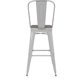 Kai Commercial Grade 30" High White Metal Indoor-Outdoor Bar Height Stool with Removable Back and Gray All-Weather Poly Resin Seat