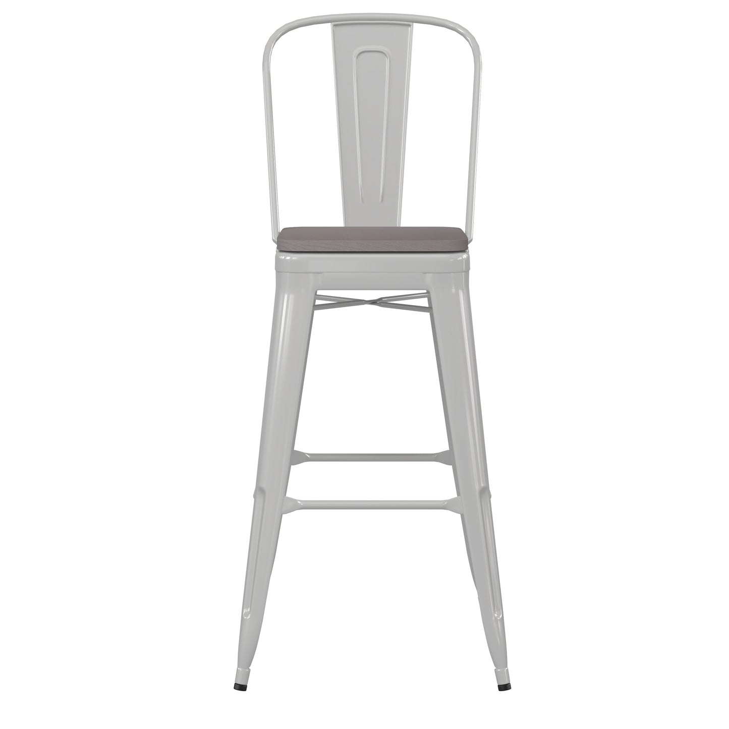 Kai Commercial Grade 30" High White Metal Indoor-Outdoor Bar Height Stool with Removable Back and Gray All-Weather Poly Resin Seat