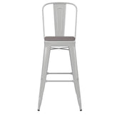 Kai Commercial Grade 30" High White Metal Indoor-Outdoor Bar Height Stool with Removable Back and Gray All-Weather Poly Resin Seat