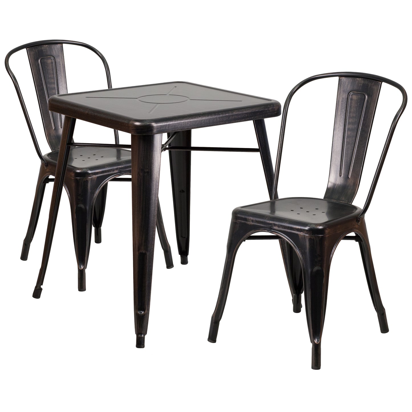 Owen Commercial Grade 23.75" Square Black-Antique Gold Metal Indoor-Outdoor Table Set with 2 Stack Chairs