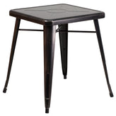 Owen Commercial Grade 23.75" Square Black-Antique Gold Metal Indoor-Outdoor Table Set with 2 Stack Chairs