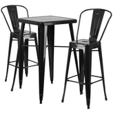Gable Commercial Grade 23.75" Square Black Metal Indoor-Outdoor Bar Table Set with 2 Stools with Backs