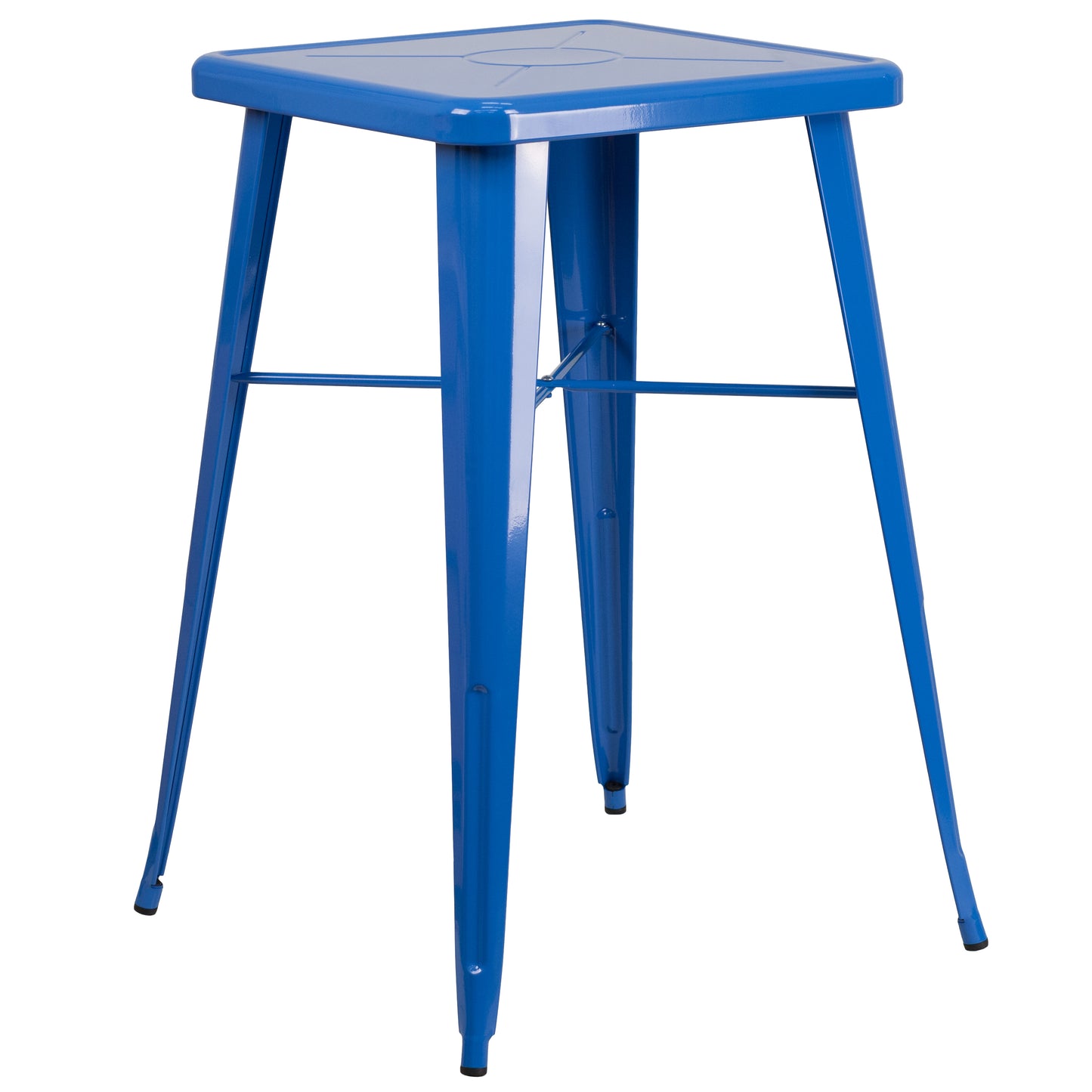 Gable Commercial Grade 23.75" Square Blue Metal Indoor-Outdoor Bar Table Set with 2 Stools with Backs