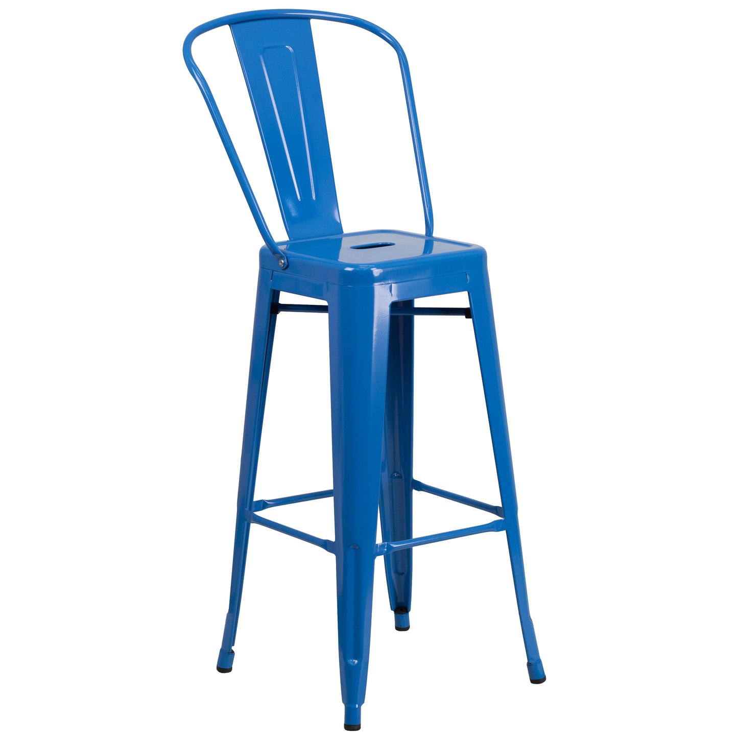 Gable Commercial Grade 23.75" Square Blue Metal Indoor-Outdoor Bar Table Set with 2 Stools with Backs