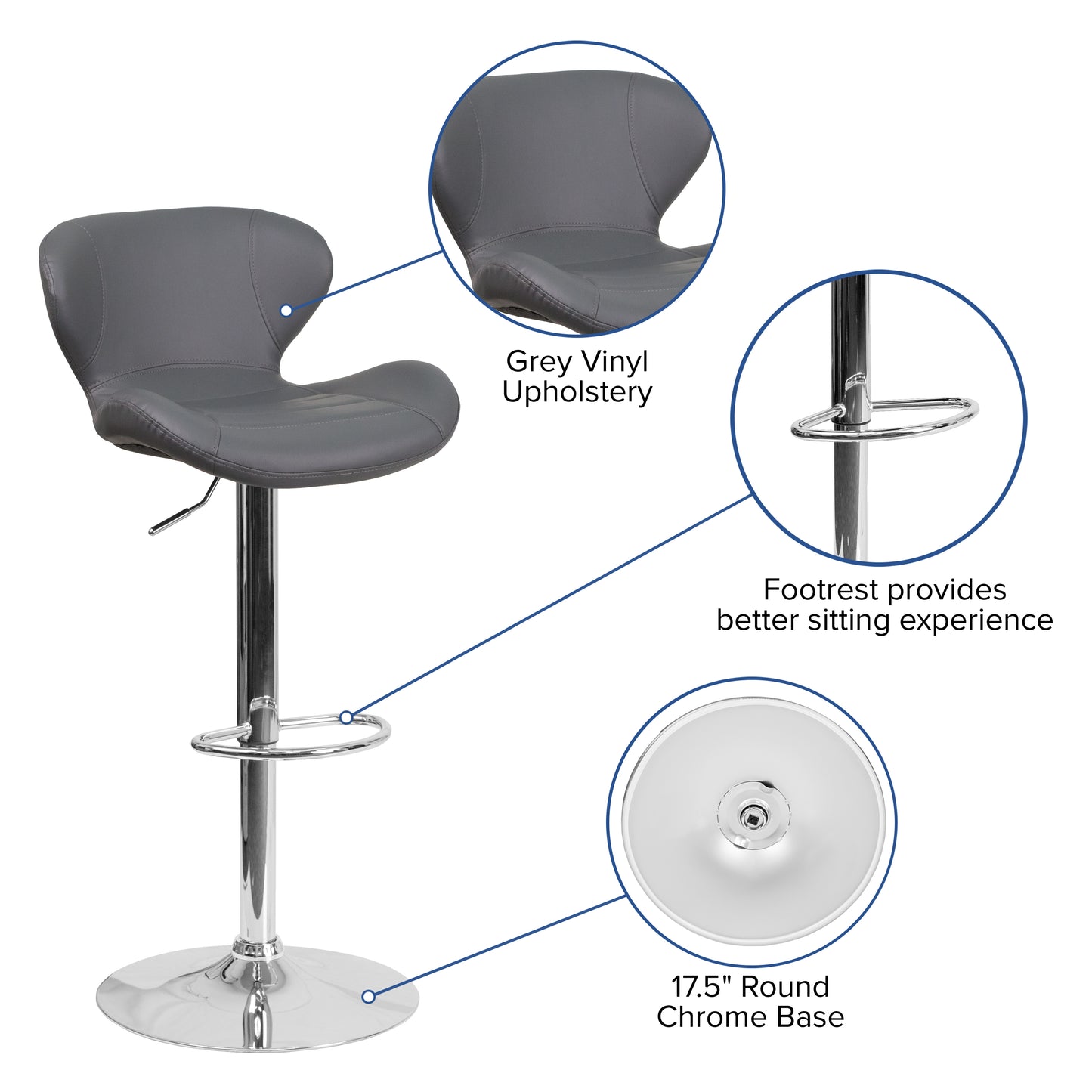 Francis Contemporary Gray Vinyl Adjustable Height Barstool with Curved Back and Chrome Base
