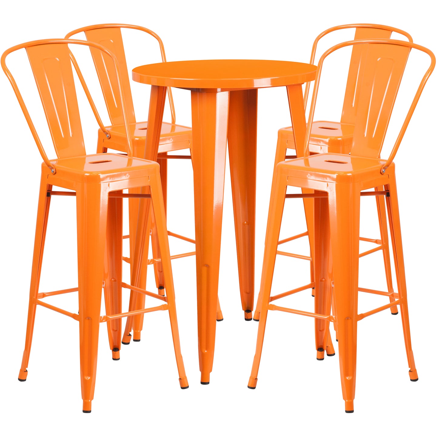 Dexter Commercial Grade 24" Round Orange Metal Indoor-Outdoor Bar Table Set with 4 Cafe Stools