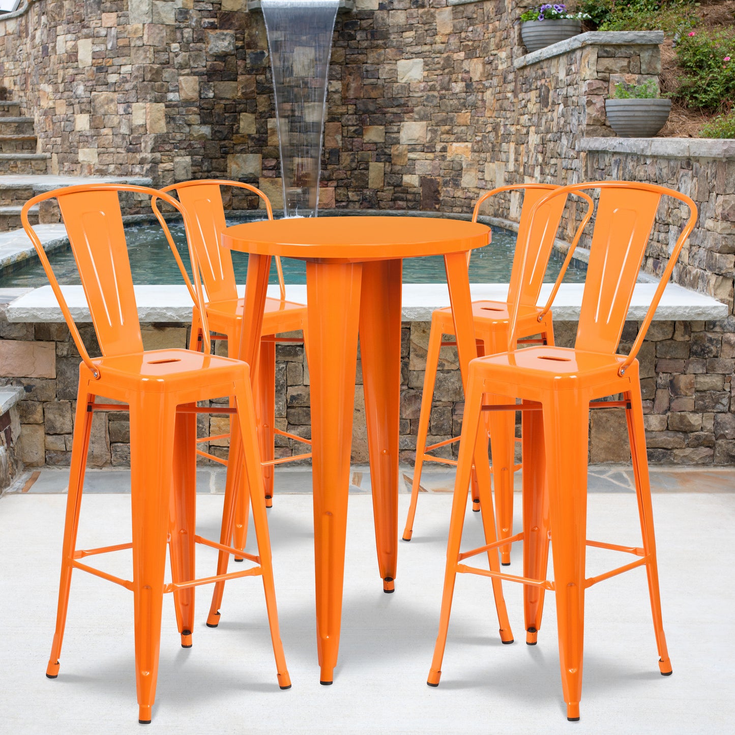 Dexter Commercial Grade 24" Round Orange Metal Indoor-Outdoor Bar Table Set with 4 Cafe Stools