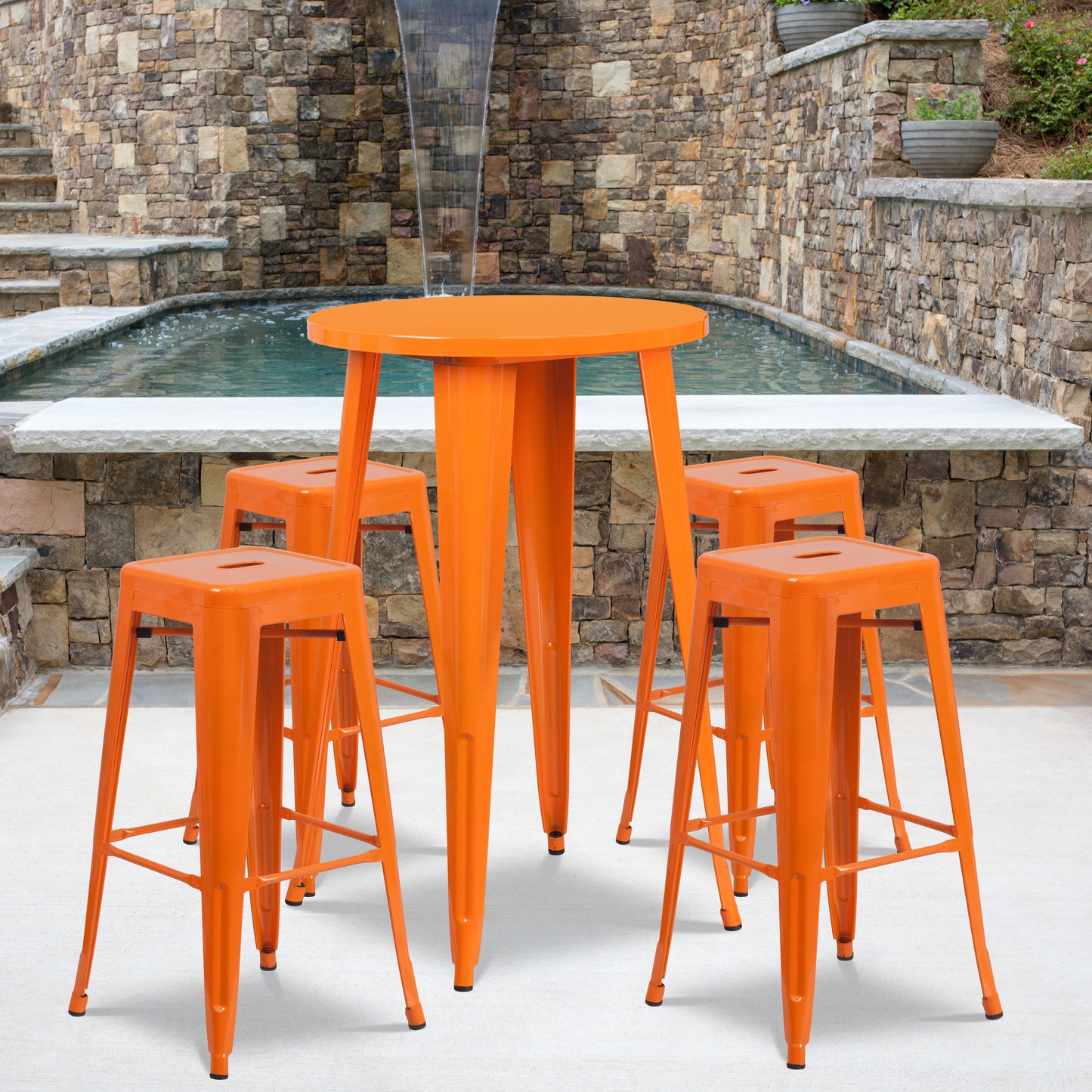 Ormsby Commercial Grade 24" Round Orange Metal Indoor-Outdoor Bar Table Set with 4 Square Seat Backless Stools