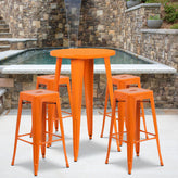 Ormsby Commercial Grade 24" Round Orange Metal Indoor-Outdoor Bar Table Set with 4 Square Seat Backless Stools