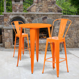 Caron Commercial Grade 30" Round Orange Metal Indoor-Outdoor Bar Table Set with 2 Cafe Stools