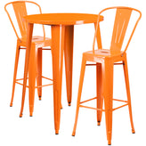 Caron Commercial Grade 30" Round Orange Metal Indoor-Outdoor Bar Table Set with 2 Cafe Stools