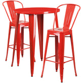 Caron Commercial Grade 30" Round Red Metal Indoor-Outdoor Bar Table Set with 2 Cafe Stools