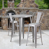 Caron Commercial Grade 30" Round Silver Metal Indoor-Outdoor Bar Table Set with 2 Cafe Stools