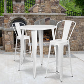 Caron Commercial Grade 30" Round White Metal Indoor-Outdoor Bar Table Set with 2 Cafe Stools