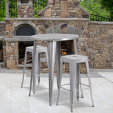Boyd Commercial Grade 30" Round Silver Metal Indoor-Outdoor Bar Table Set with 2 Square Seat Backless Stools