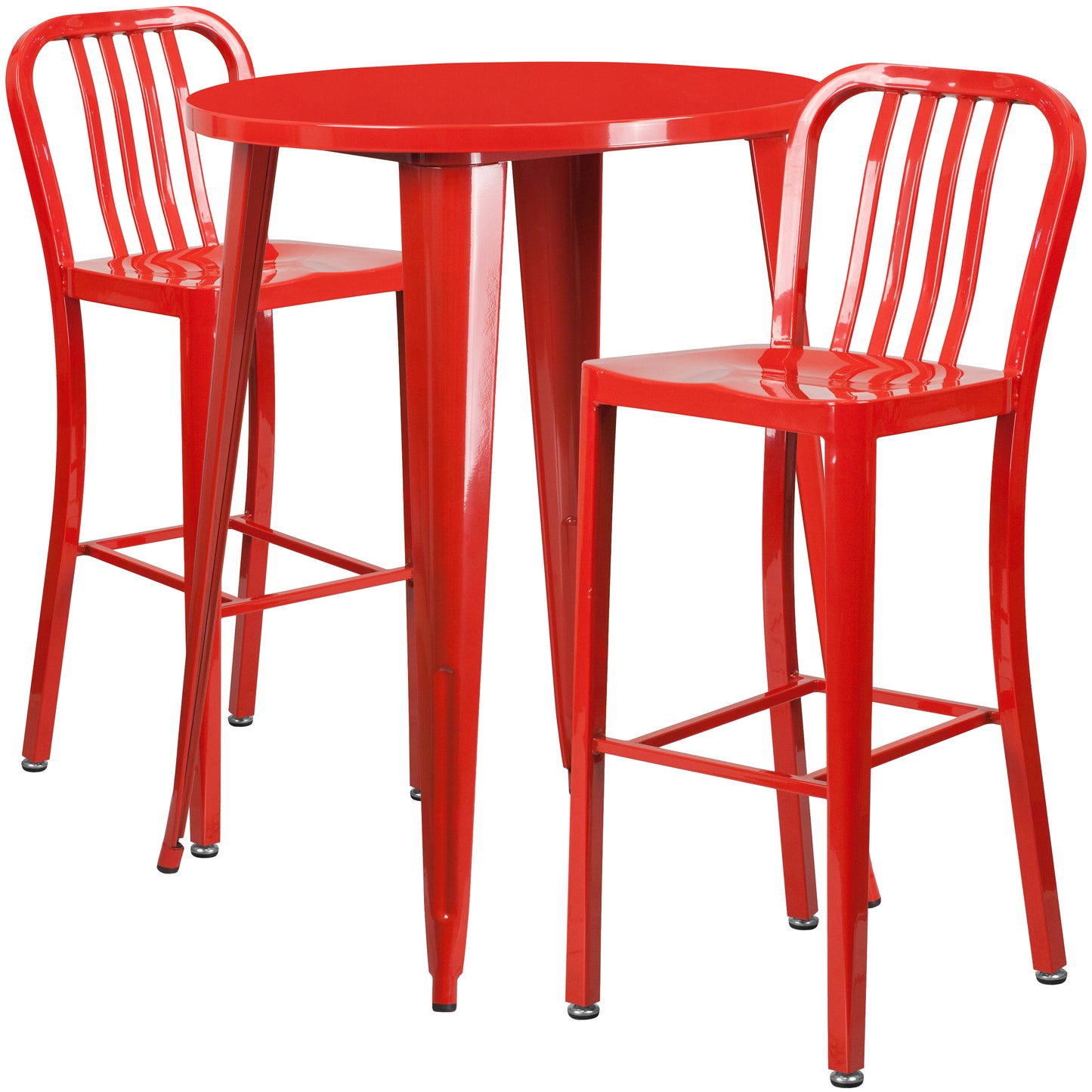 Brad Commercial Grade 30" Round Red Metal Indoor-Outdoor Bar Table Set with 2 Vertical Slat Back Stools